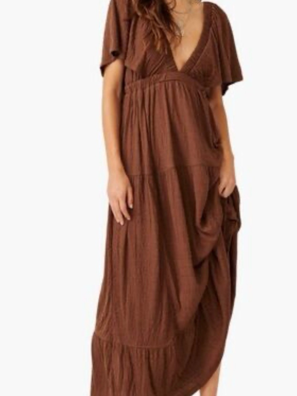 Free People Beach Brown V-Neck Tiered Maxi Dress Size Medium